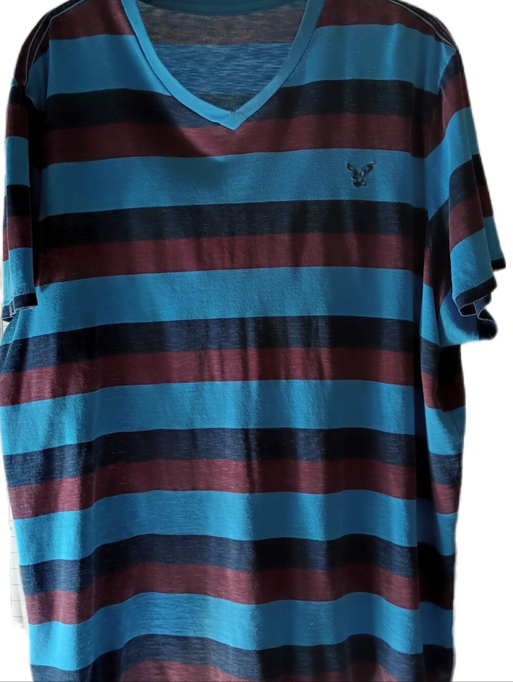 American Eagle Outfitters Striped V-Neck Tee in Teal, Navy & Burgundy